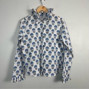 Saule Parc hand printed ruffle neck button down blouse size XS cotton blue